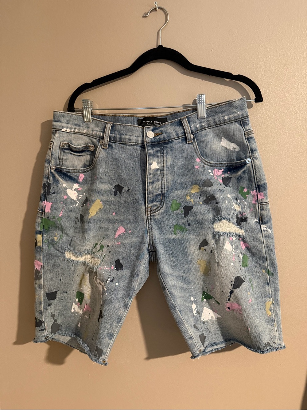 Y2K Purple Brand Men’s Light Wash Blue Distressed Paint Splatter Denim Shorts 32
